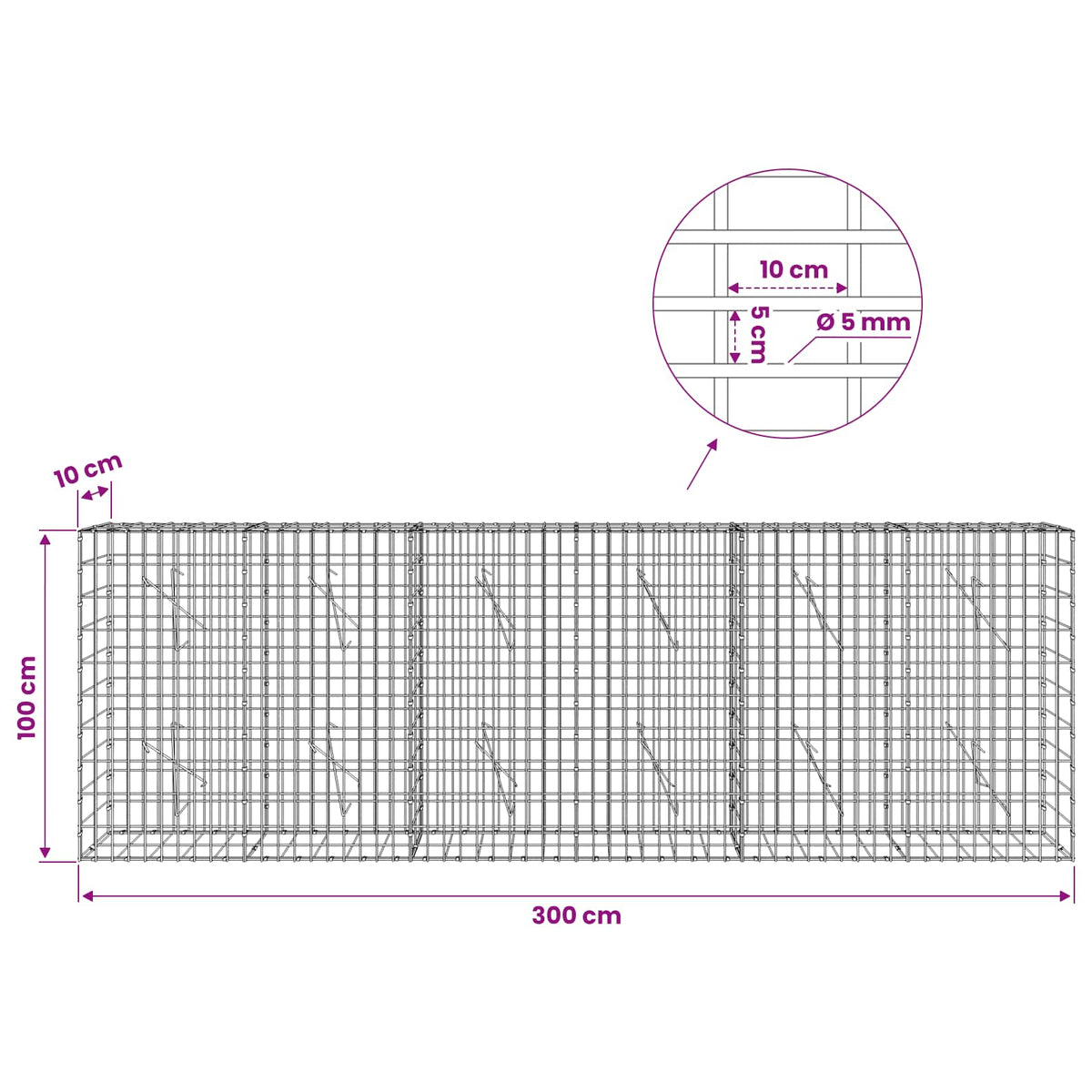 Gabion with 5 mm Wire and 5x10 cm Mesh 300x10x100 cm