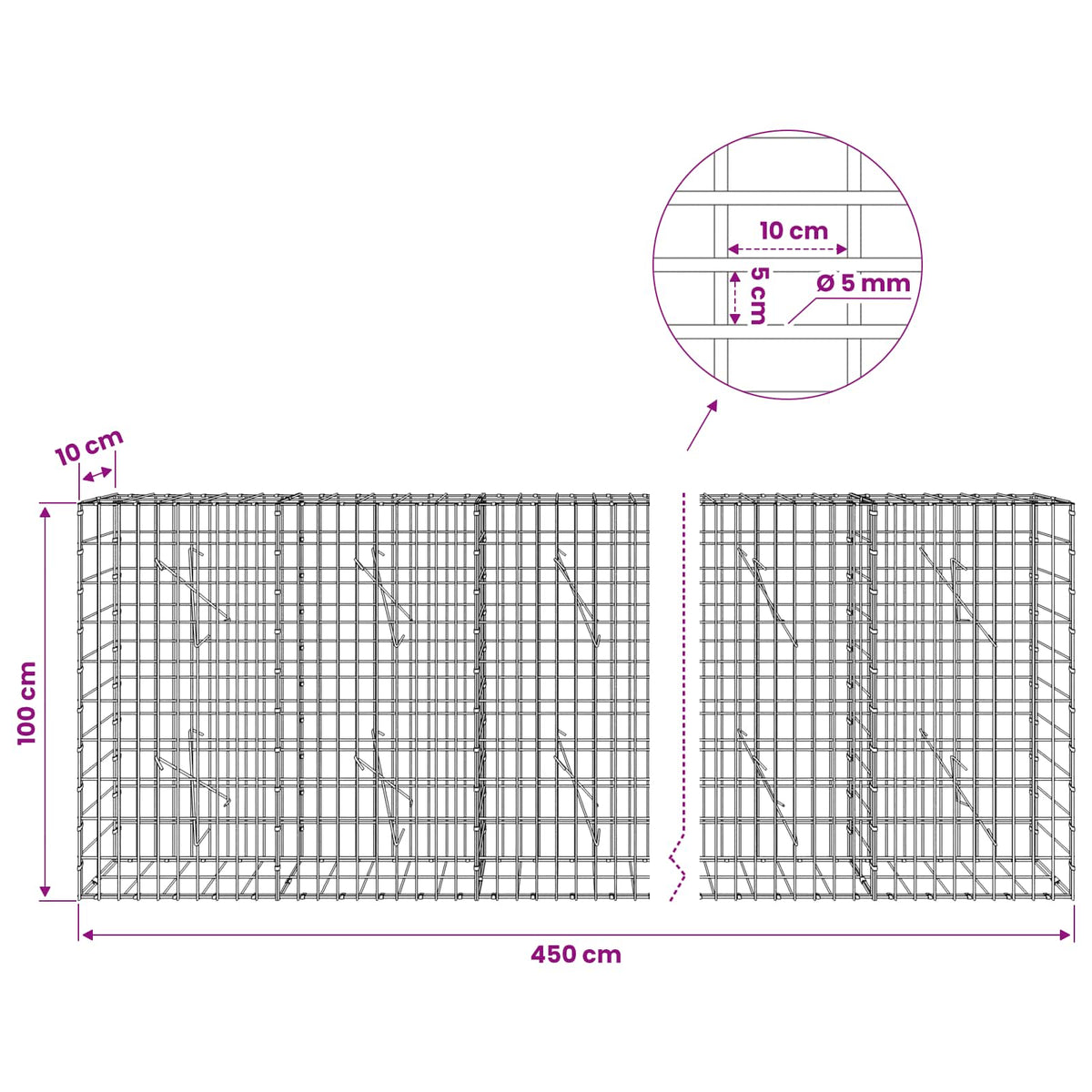 Gabion with 5 mm Wire and 5x10 cm Mesh 450x10x100 cm