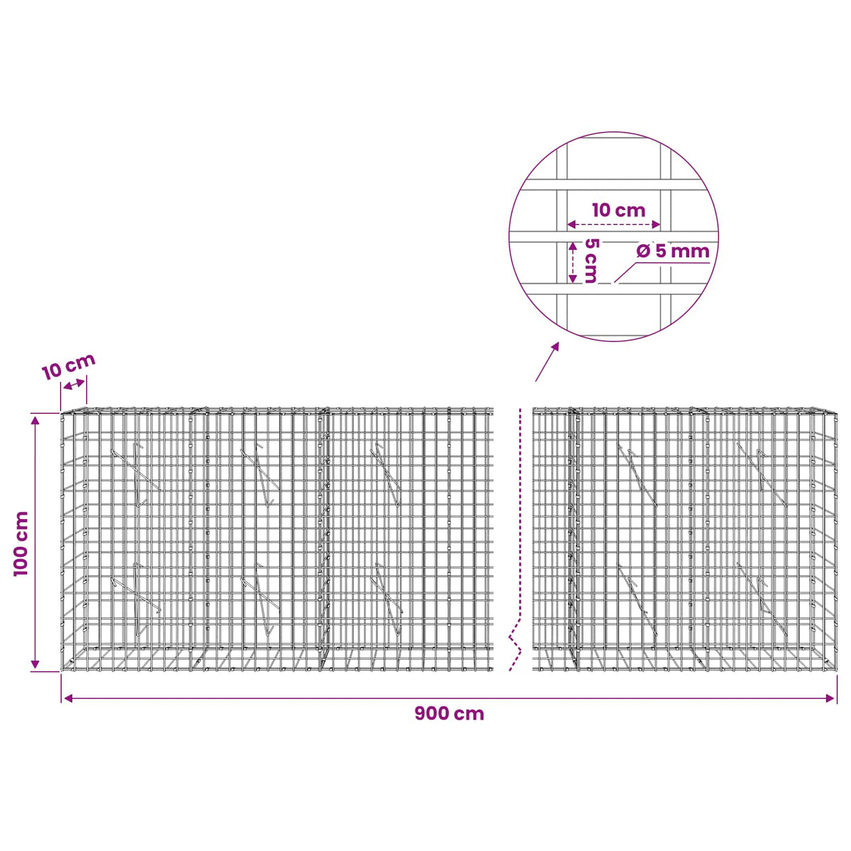 Gabion with 5 mm Wire and 5x10 cm Mesh 900x10x100 cm