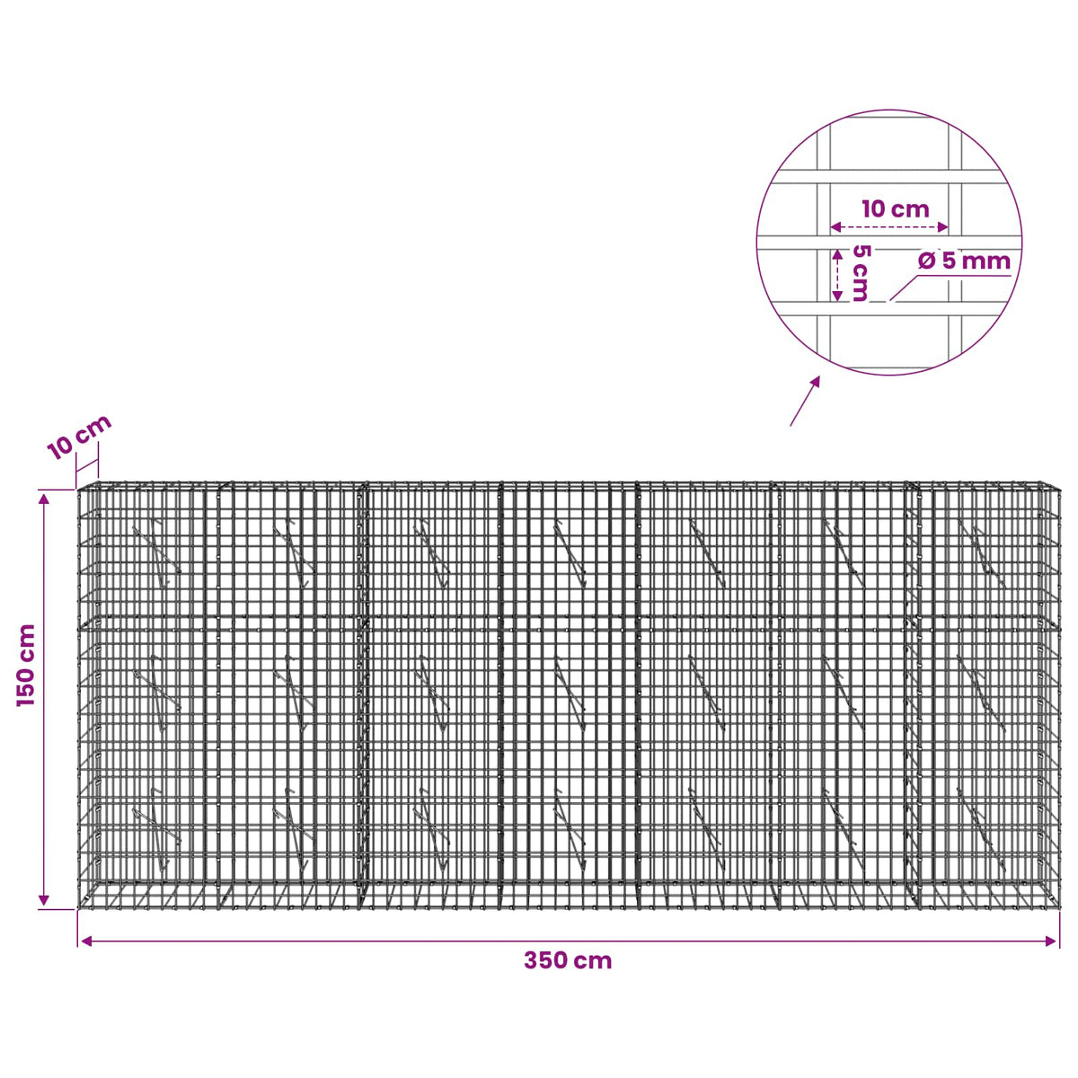 Gabion with 5 mm Wire and 5x10 cm Mesh 350x10x150 cm