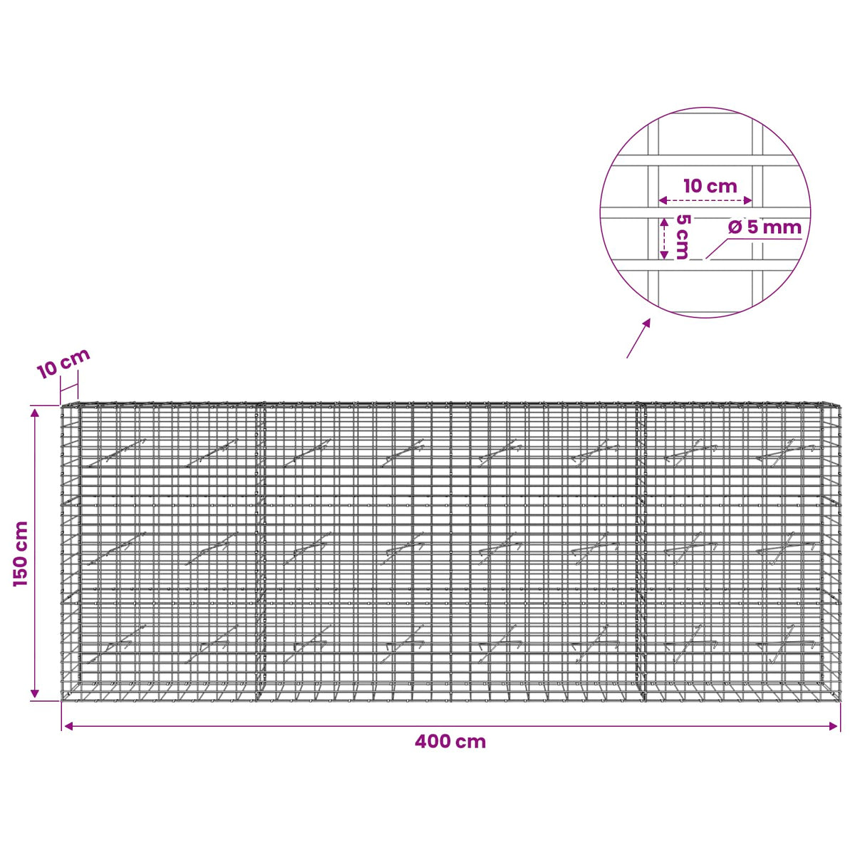 Gabion with 5 mm Wire and 5x10 cm Mesh 400x10x150 cm
