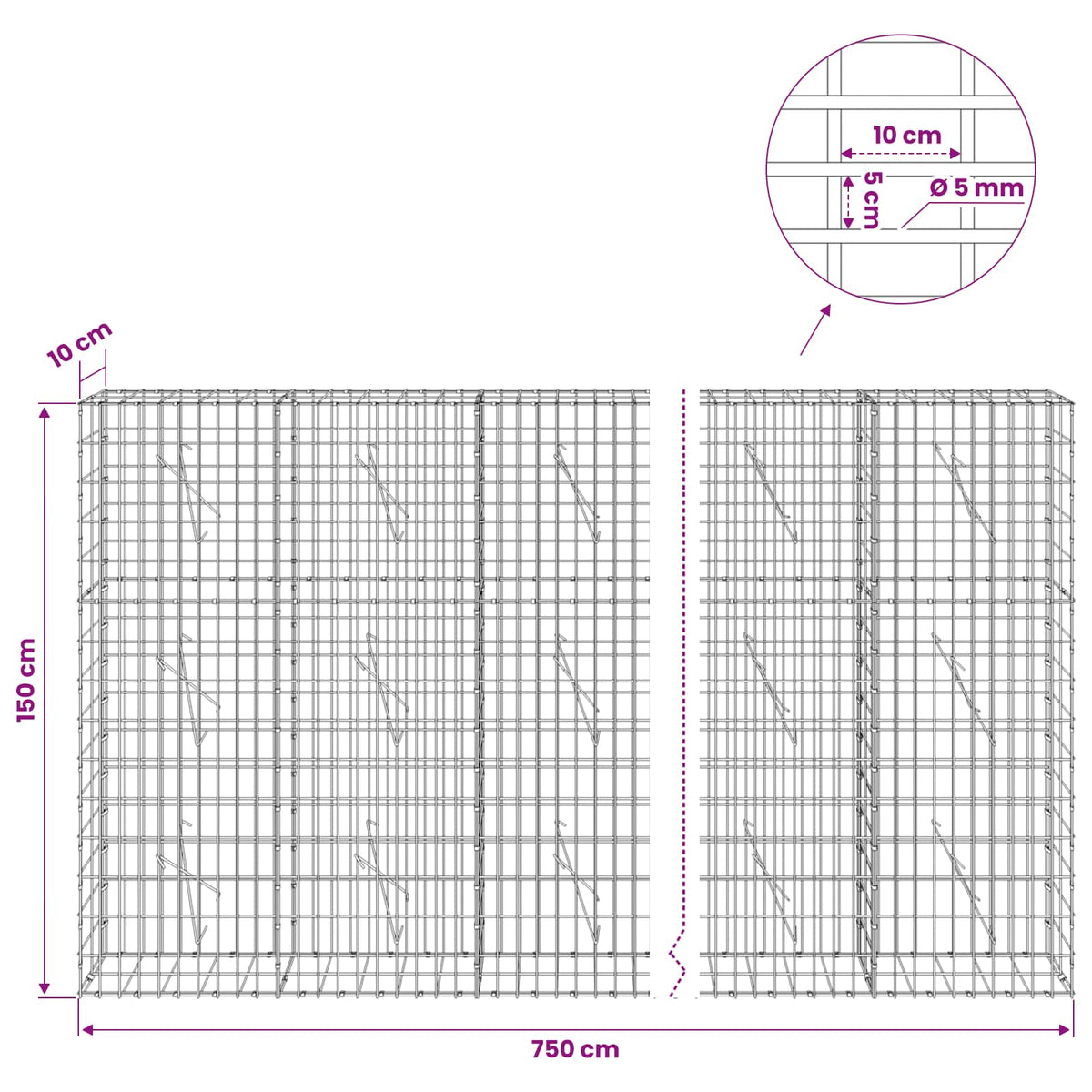 Gabion with 5 mm Wire and 5x10 cm Mesh 750x10x150 cm