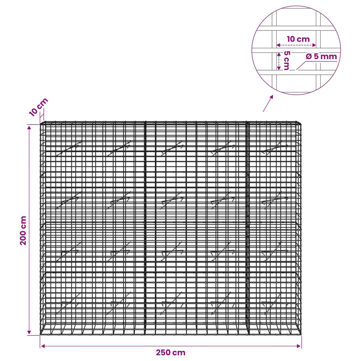 Gabion with 5 mm Wire and 5x10 cm Mesh 250x10x200 cm