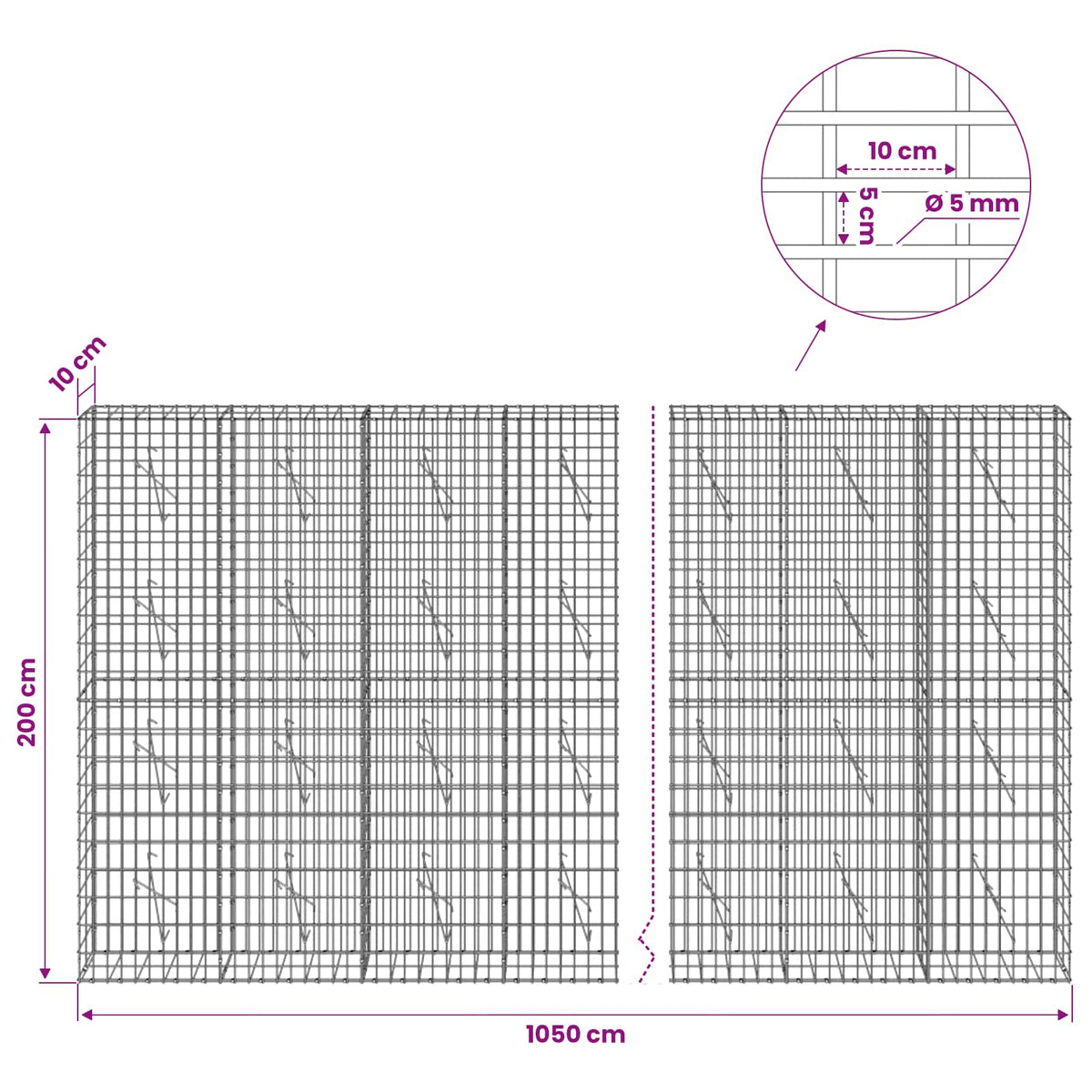 Gabion with 5 mm Wire and 5x10 cm Mesh 1050x10x200 cm