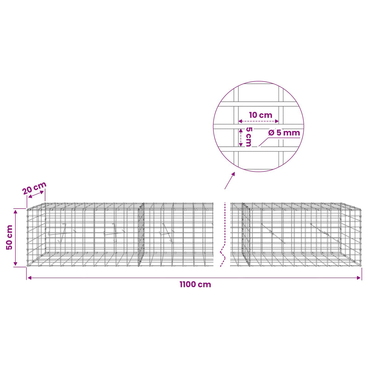 Gabion with 5 mm Wire and 5x10 cm Mesh 1100x20x50 cm