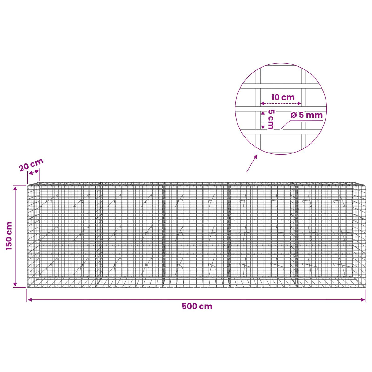 Gabion with 5 mm Wire and 5x10 cm Mesh 500x20x150 cm