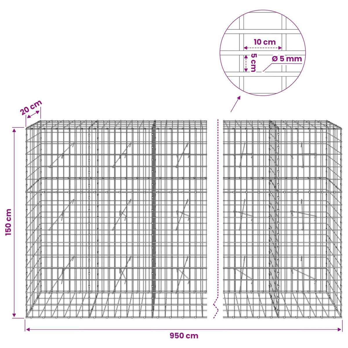 Gabion with 5 mm Wire and 5x10 cm Mesh 950x20x150 cm