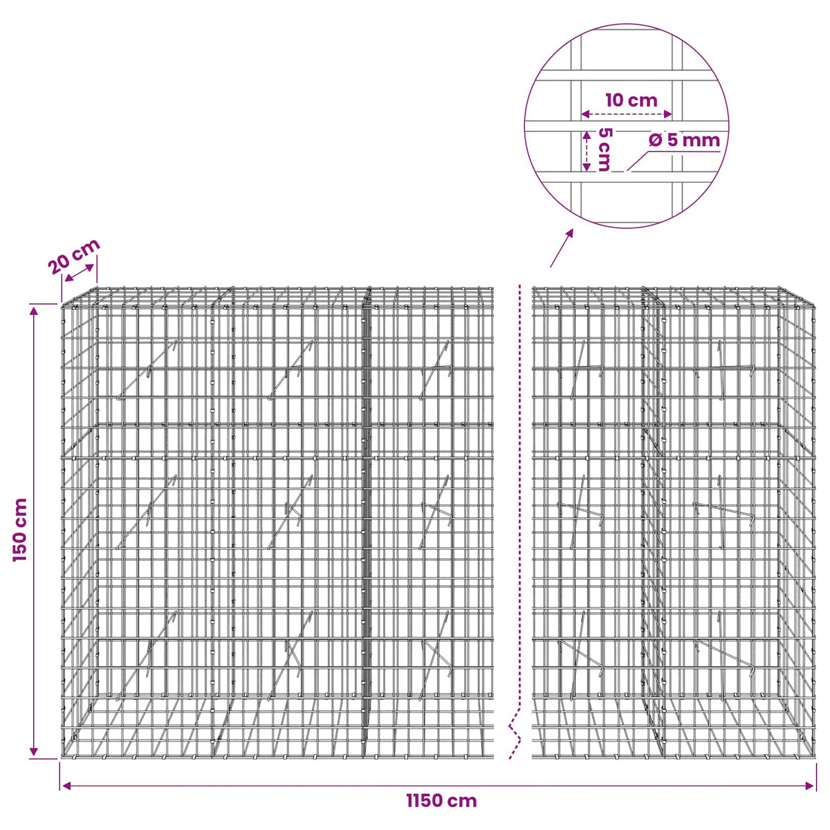 Gabion with 5 mm Wire and 5x10 cm Mesh 1150x20x150 cm