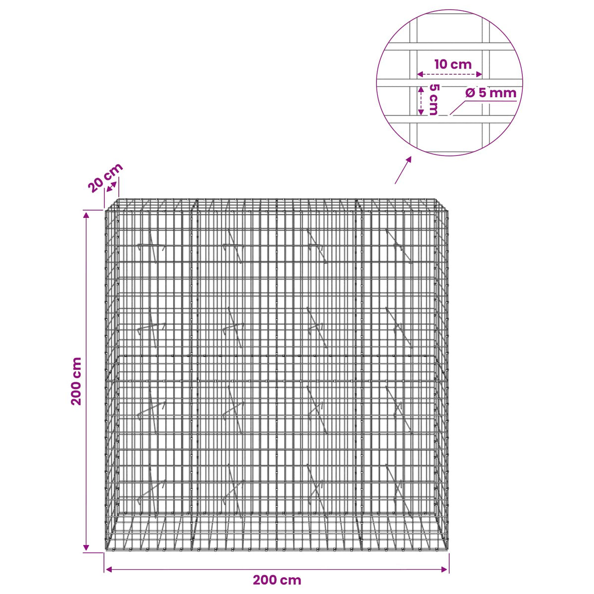 Gabion with 5 mm Wire and 5x10 cm Mesh 200x20x200 cm