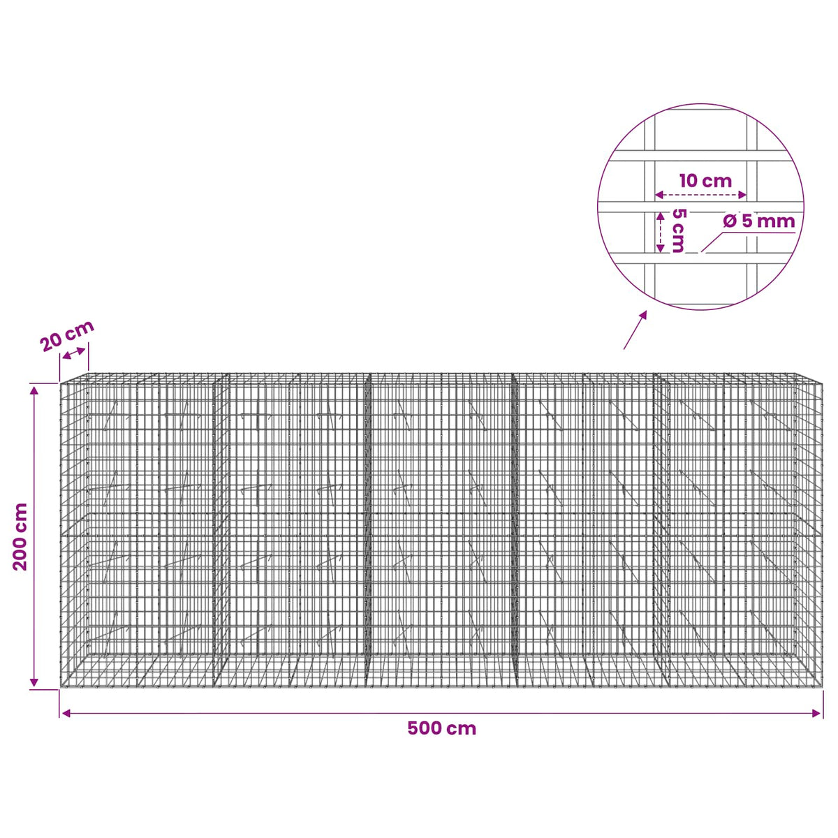 Gabion with 5 mm Wire and 5x10 cm Mesh 500x20x200 cm
