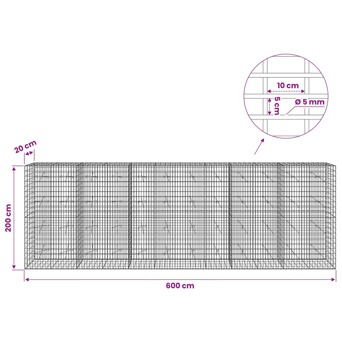 Gabion with 5 mm Wire and 5x10 cm Mesh 600x20x200 cm