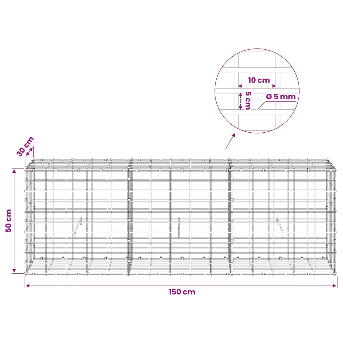 Gabion with 5 mm Wire and 5x10 cm Mesh 150x30x50 cm