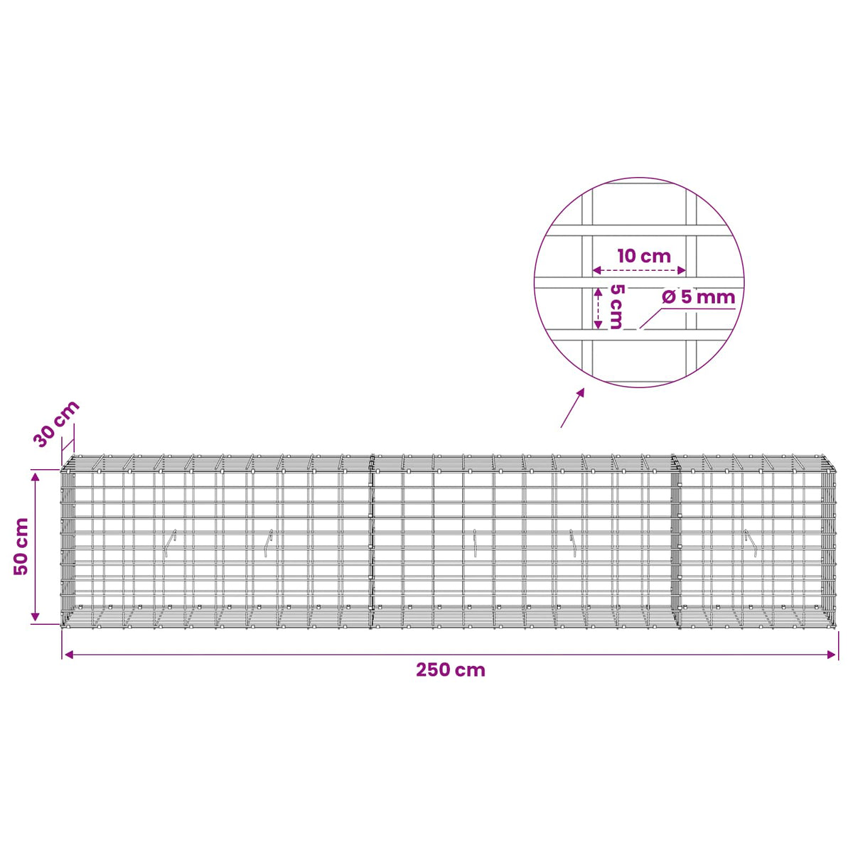Gabion with 5 mm Wire and 5x10 cm Mesh 250x30x50 cm