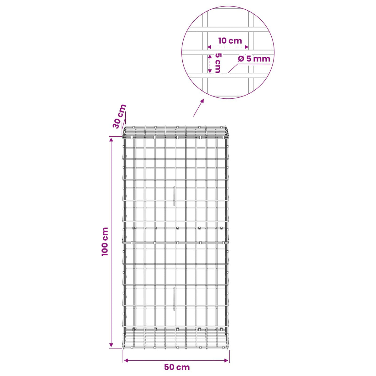 Gabion with 5 mm Wire and 5x10 cm Mesh 50x30x100 cm