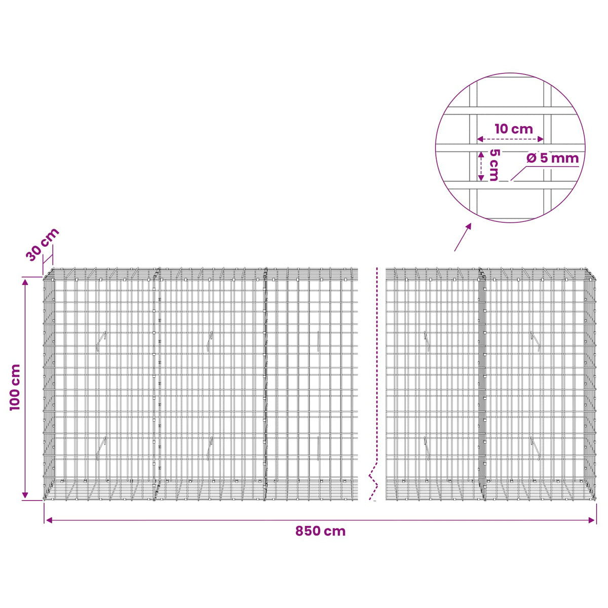 Gabion with 5 mm Wire and 5x10 cm Mesh 850x30x100 cm