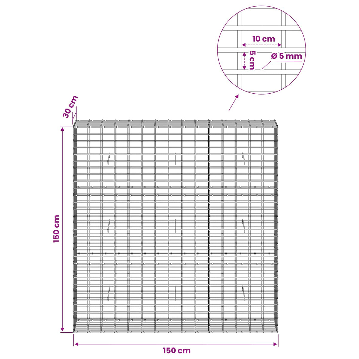 Gabion with 5 mm Wire and 5x10 cm Mesh 150x30x150 cm