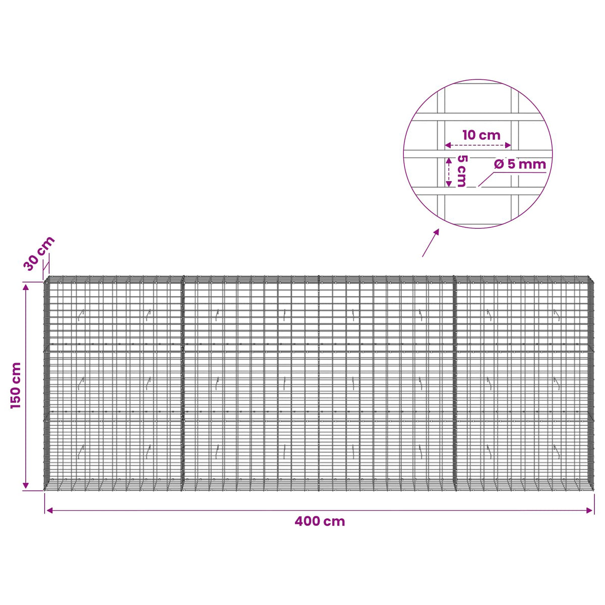 Gabion with 5 mm Wire and 5x10 cm Mesh 400x30x150 cm