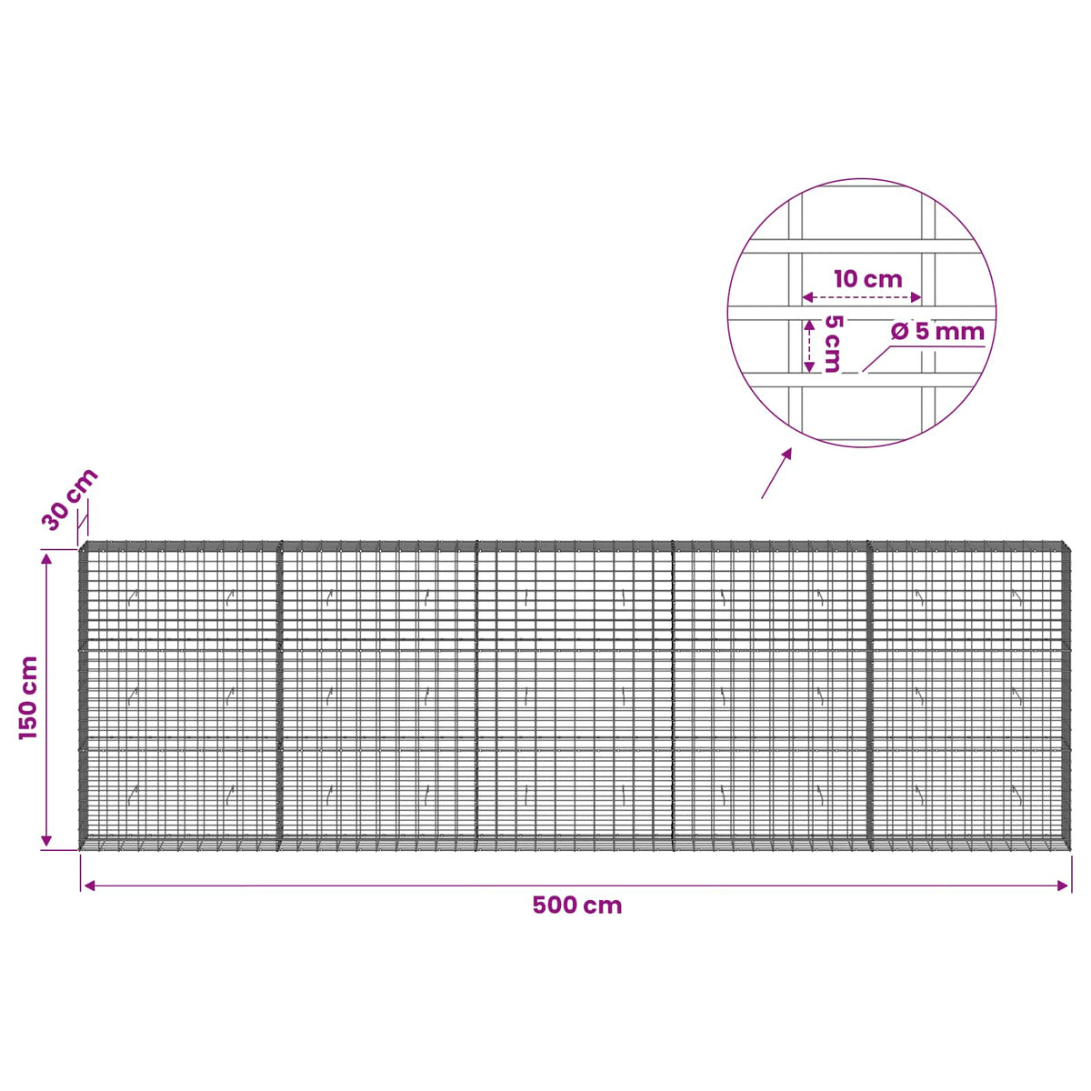 Gabion with 5 mm Wire and 5x10 cm Mesh 500x30x150 cm