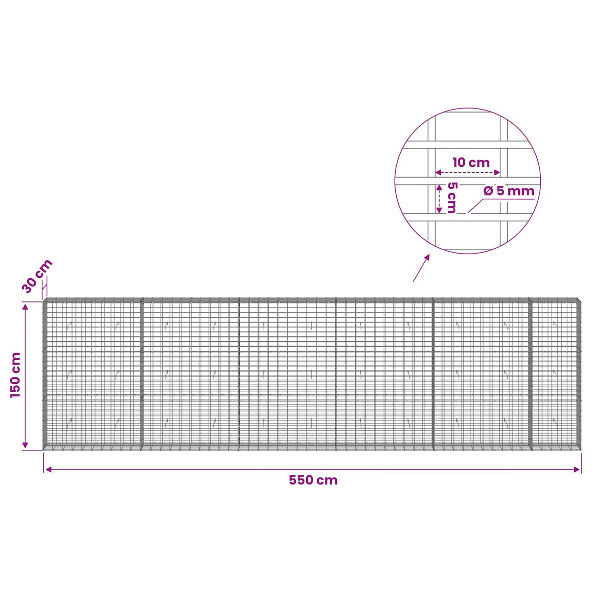 Gabion with 5 mm Wire and 5x10 cm Mesh 550x30x150 cm