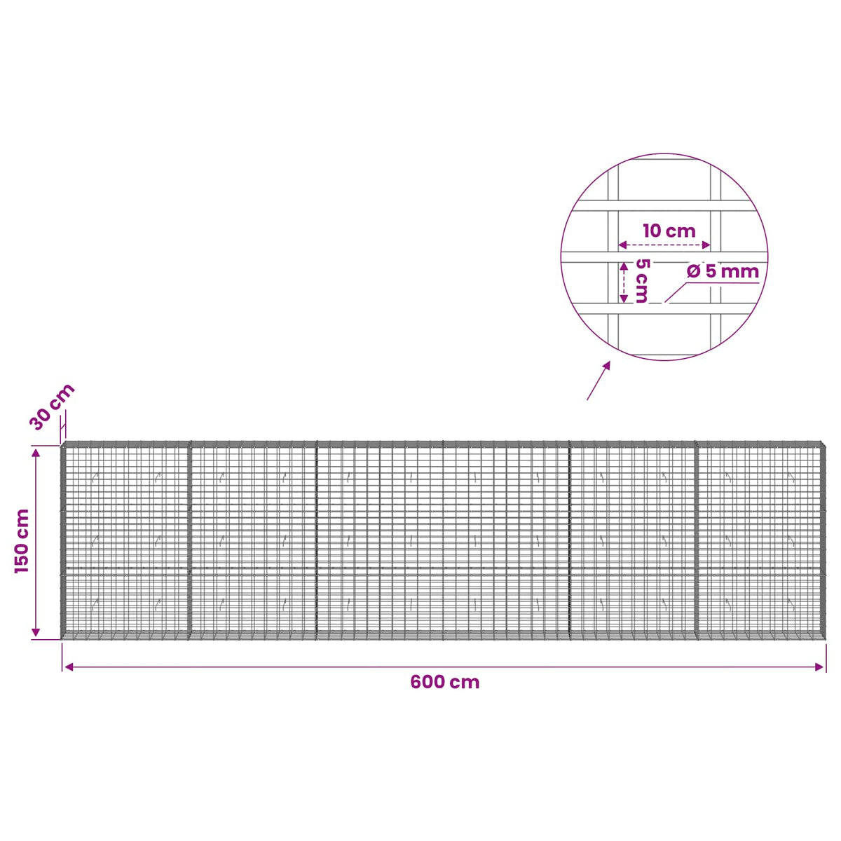 Gabion with 5 mm Wire and 5x10 cm Mesh 600x30x150 cm