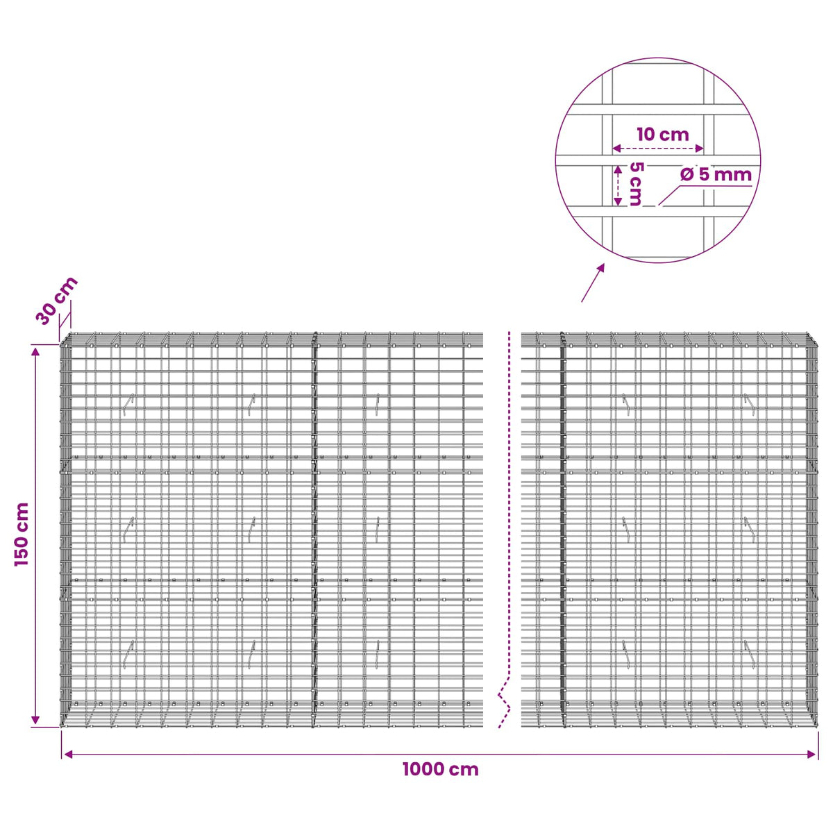 Gabion with 5 mm Wire and 5x10 cm Mesh 1000x30x150 cm