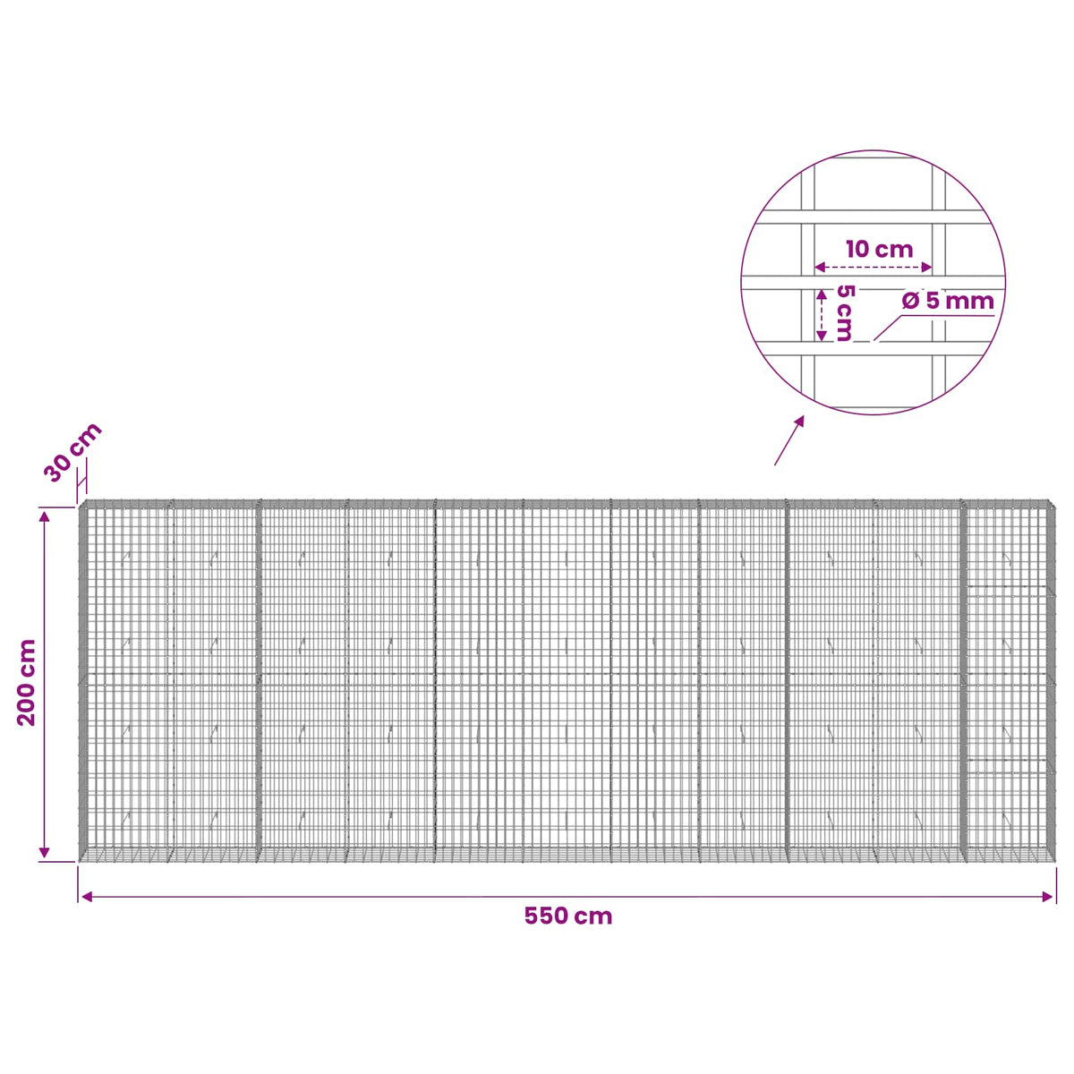 Gabion with 5 mm Wire and 5x10 cm Mesh 550x30x200 cm