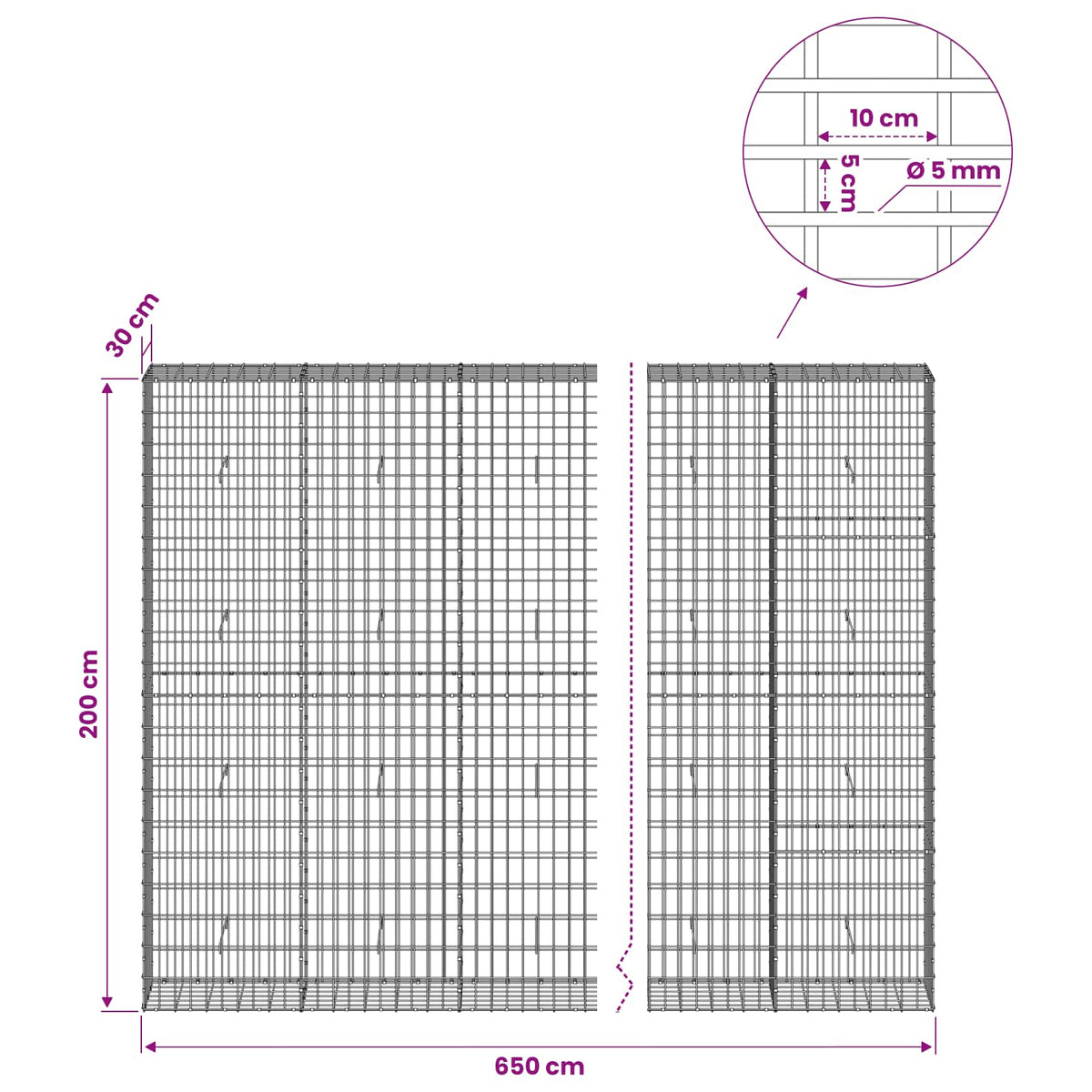 Gabion with 5 mm Wire and 5x10 cm Mesh 850x30x200 cm
