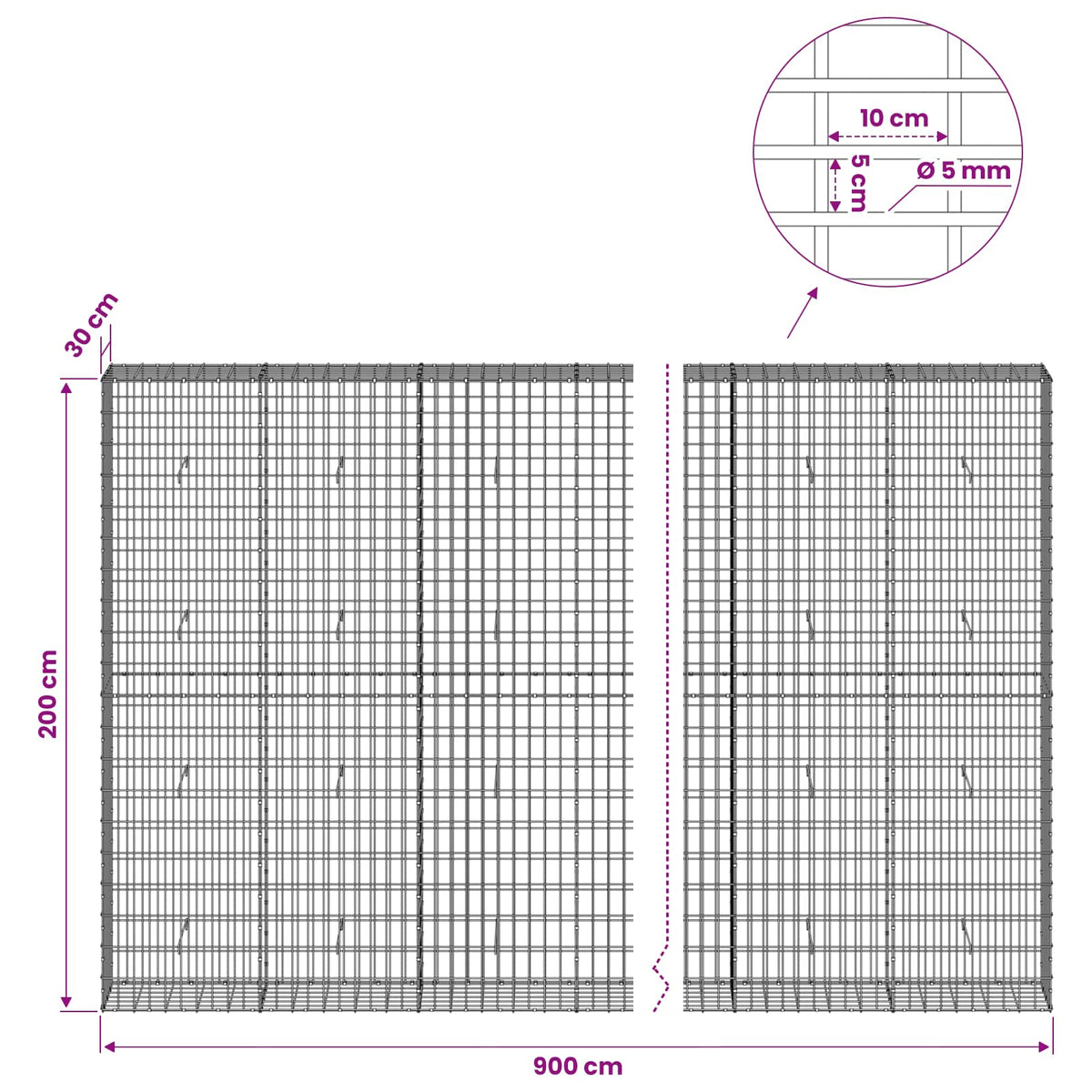 Gabion with 5 mm Wire and 5x10 cm Mesh 900x30x200 cm