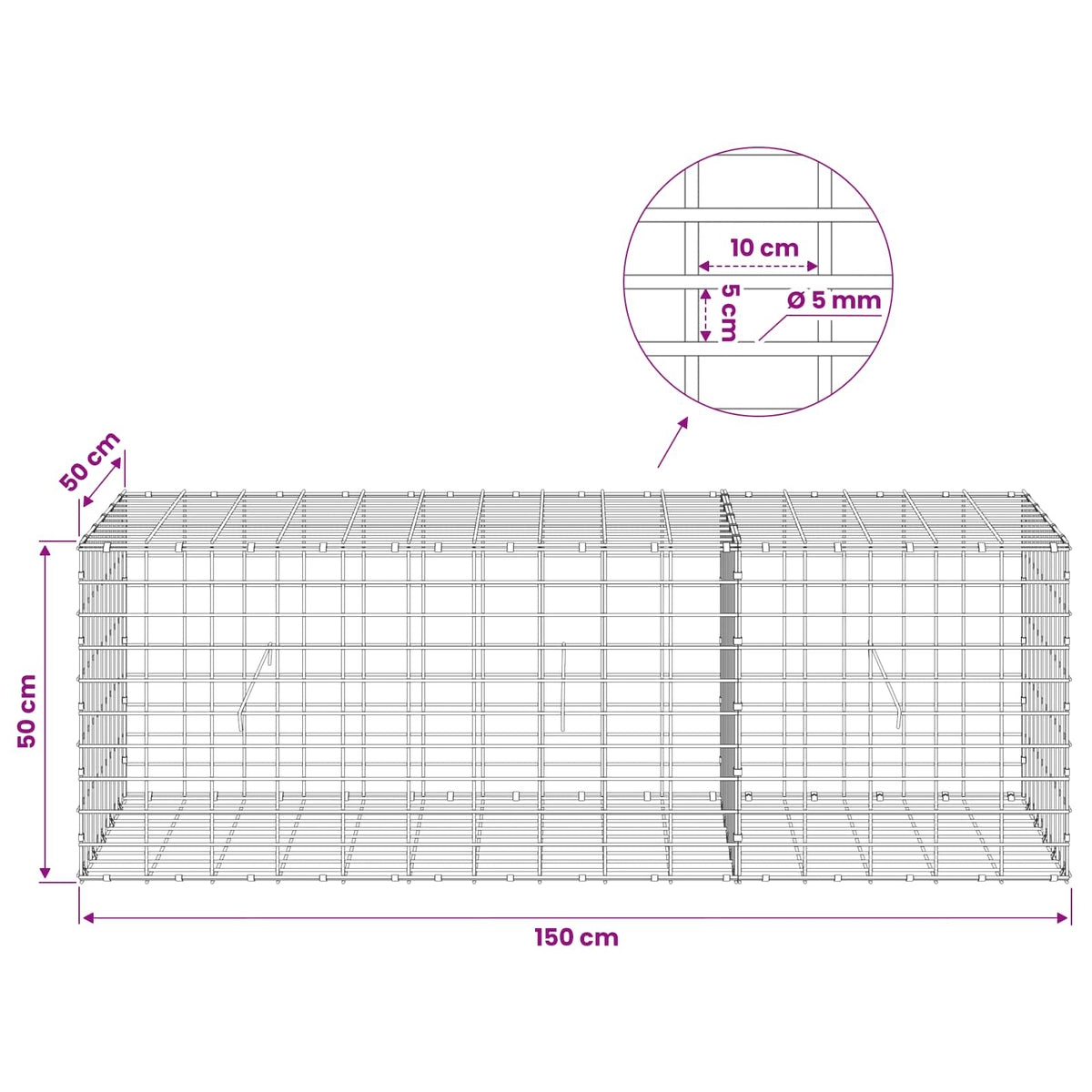 Gabion with 5 mm Wire and 5x10 cm Mesh 150x50x50 cm