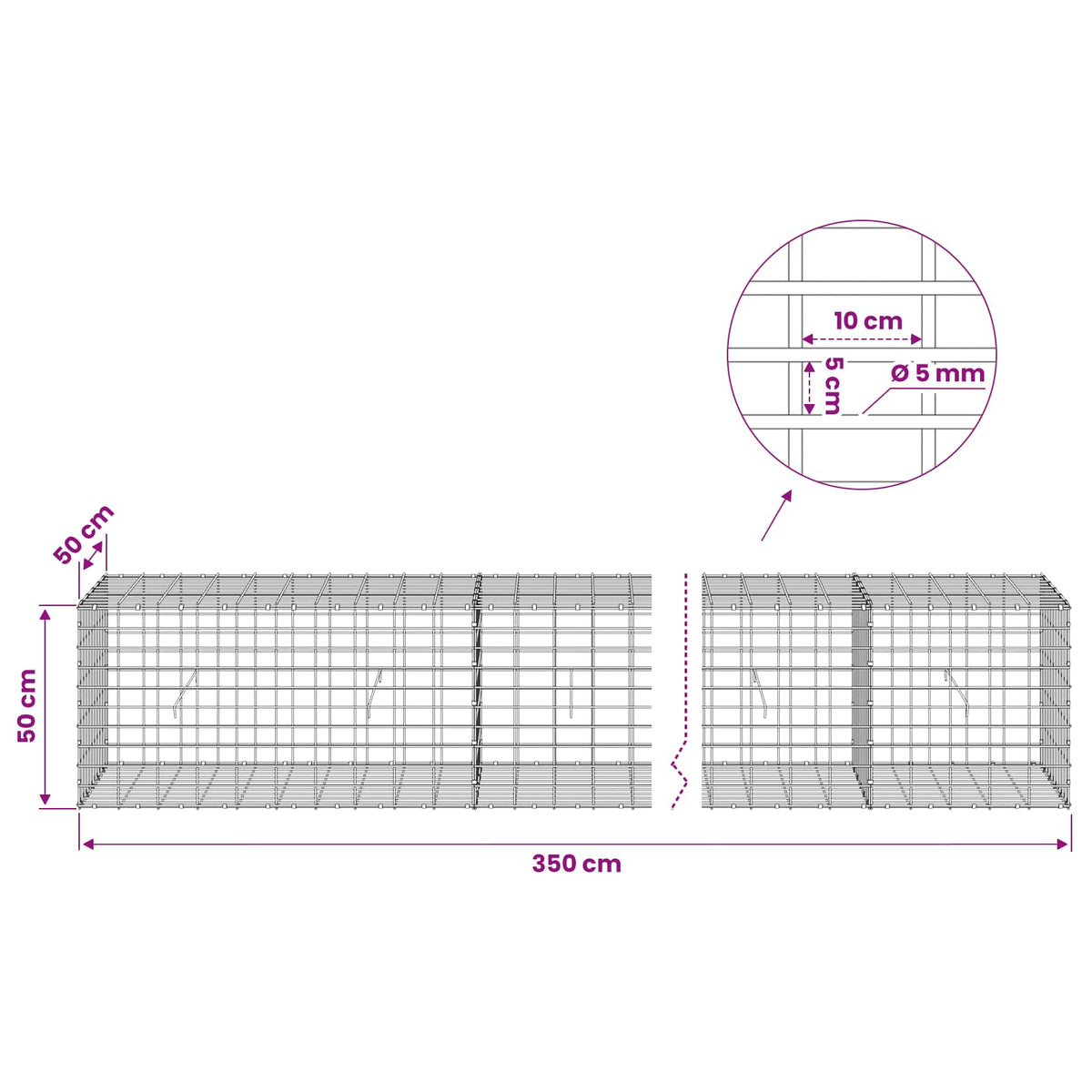 Gabion with 5 mm Wire and 5x10 cm Mesh 350x50x50 cm