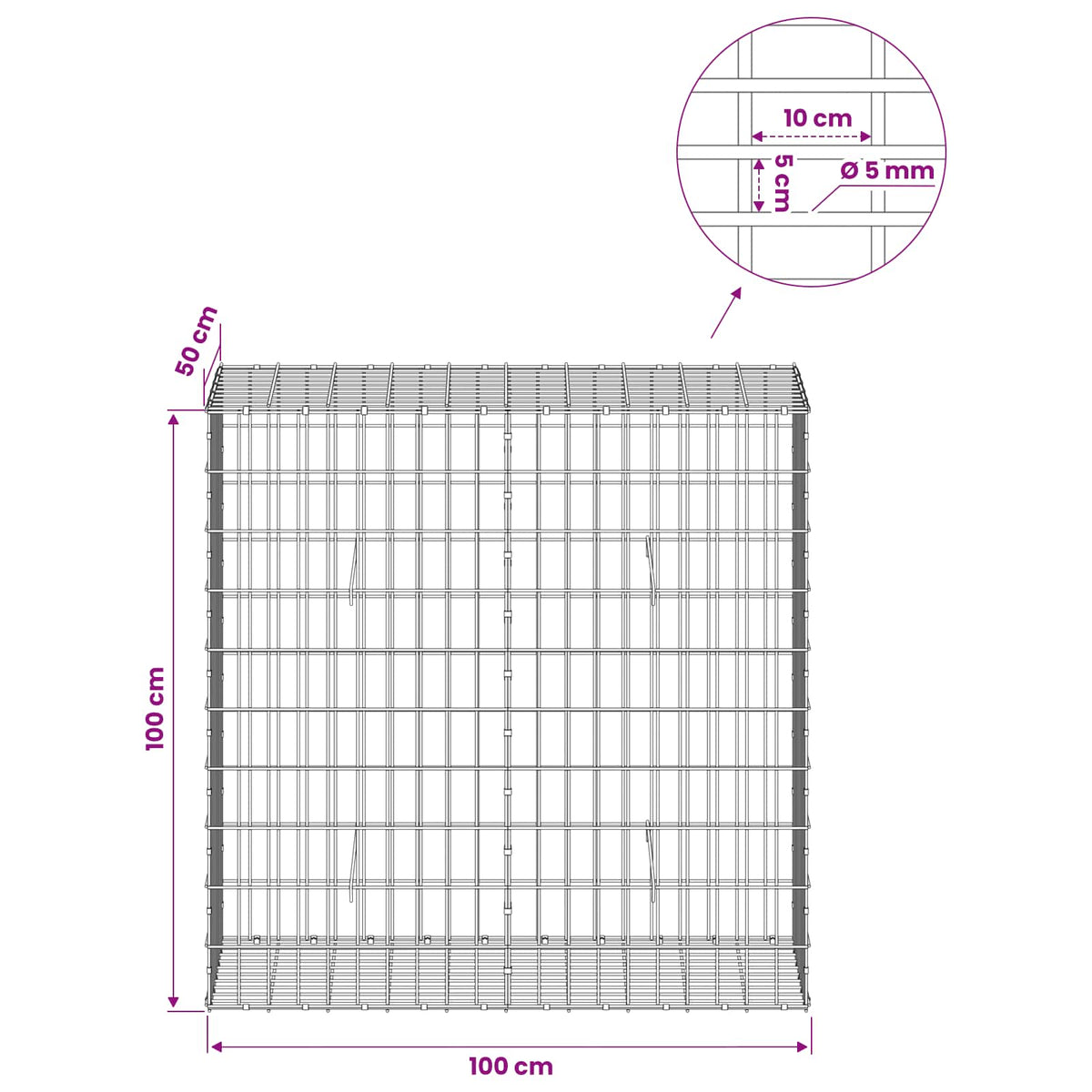 Gabion with 5 mm Wire and 5x10 cm Mesh 100x50x100 cm