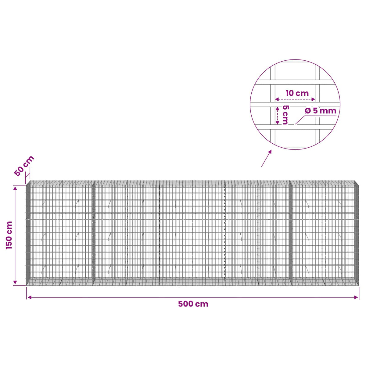 Gabion with 5 mm Wire and 5x10 cm Mesh 500x50x150 cm