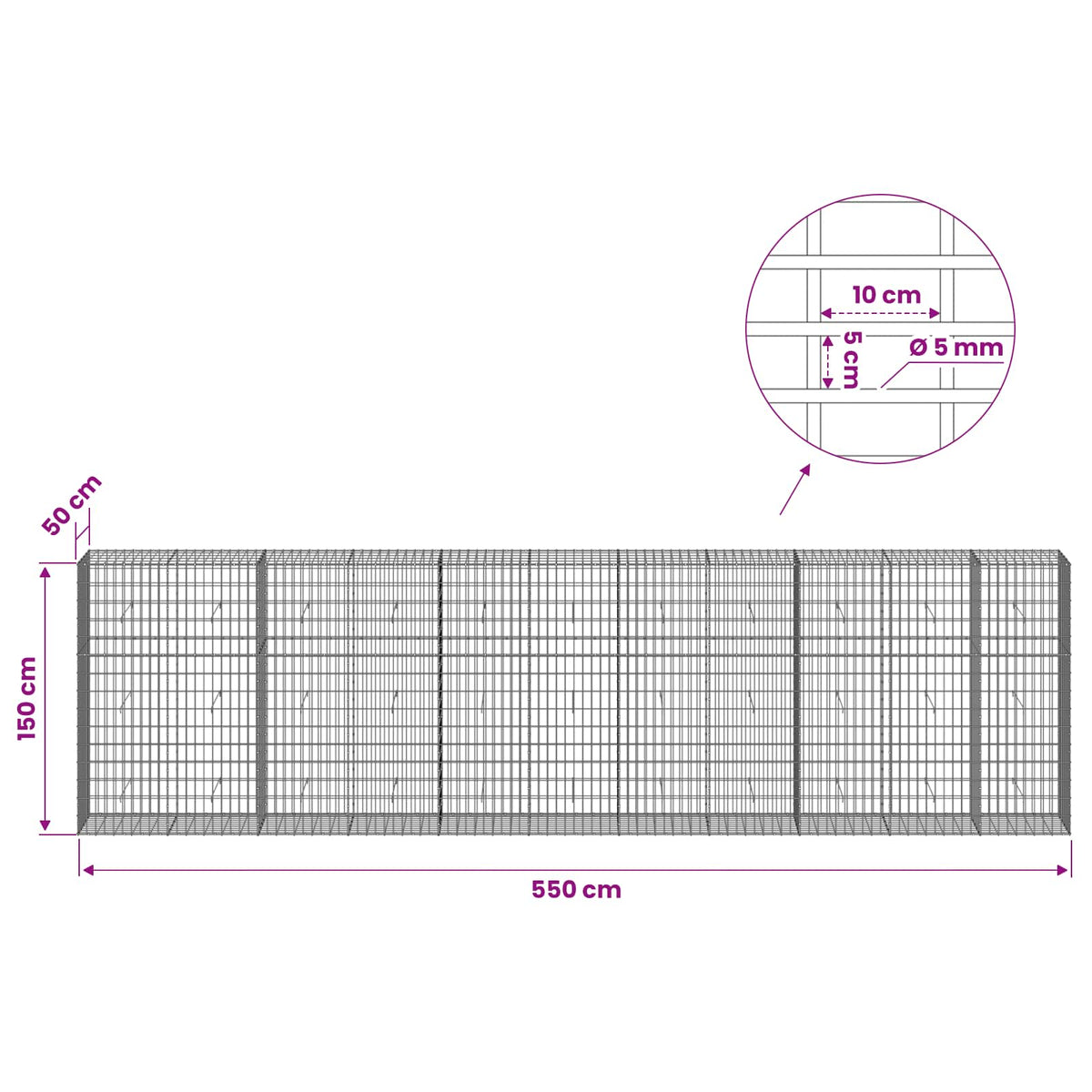 Gabion with 5 mm Wire and 5x10 cm Mesh 550x50x150 cm