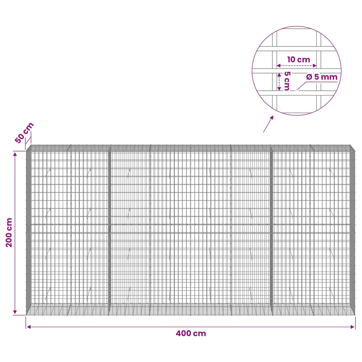 Gabion with 5 mm Wire and 5x10 cm Mesh 400x50x200 cm