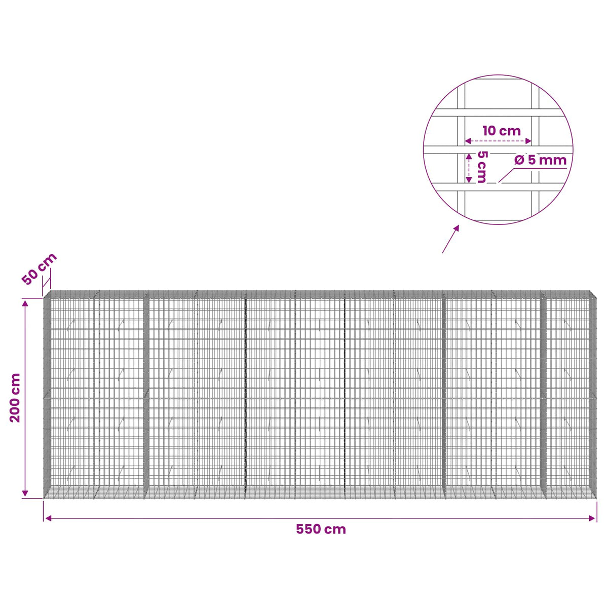 Gabion with 5 mm Wire and 5x10 cm Mesh 550x50x200 cm