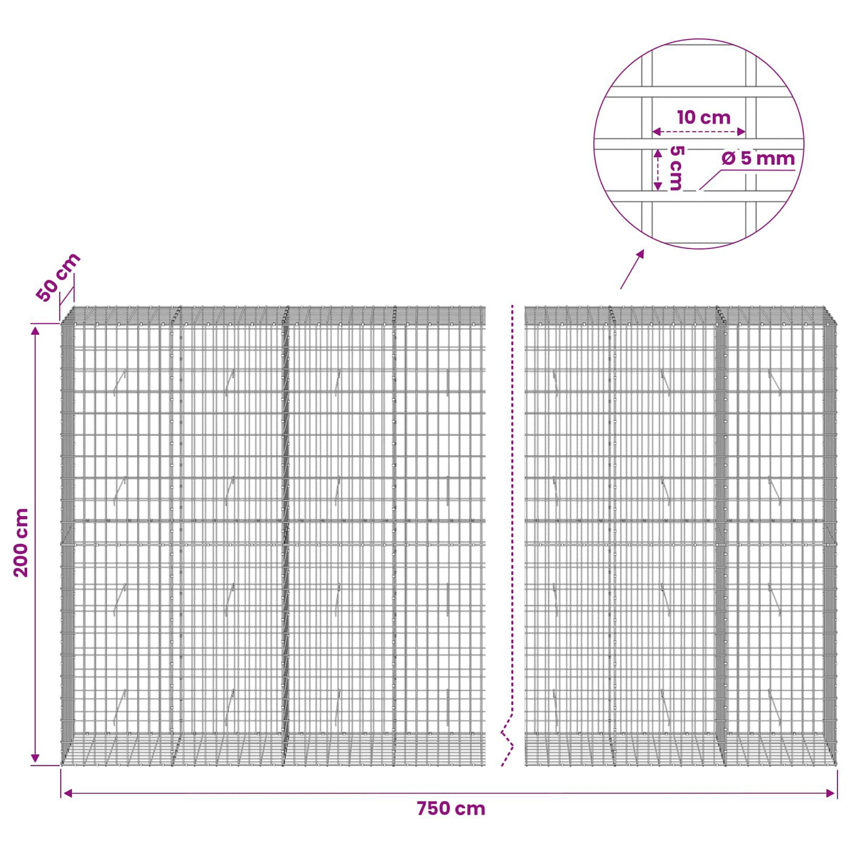Gabion with 5 mm Wire and 5x10 cm Mesh 750x50x200 cm