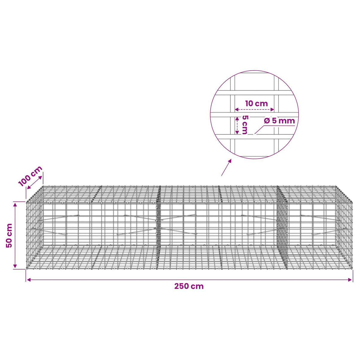 Gabion with 5 mm Wire and 5x10 cm Mesh 250x100x50 cm