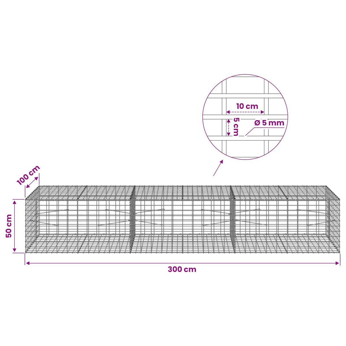 Gabion with 5 mm Wire and 5x10 cm Mesh 300x100x50 cm