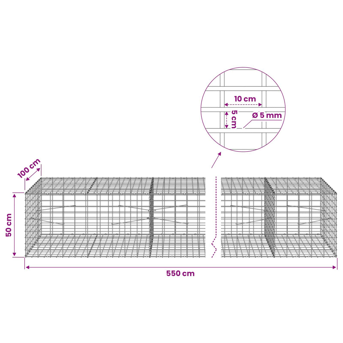 Gabion with 5 mm Wire and 5x10 cm Mesh 550x100x50 cm