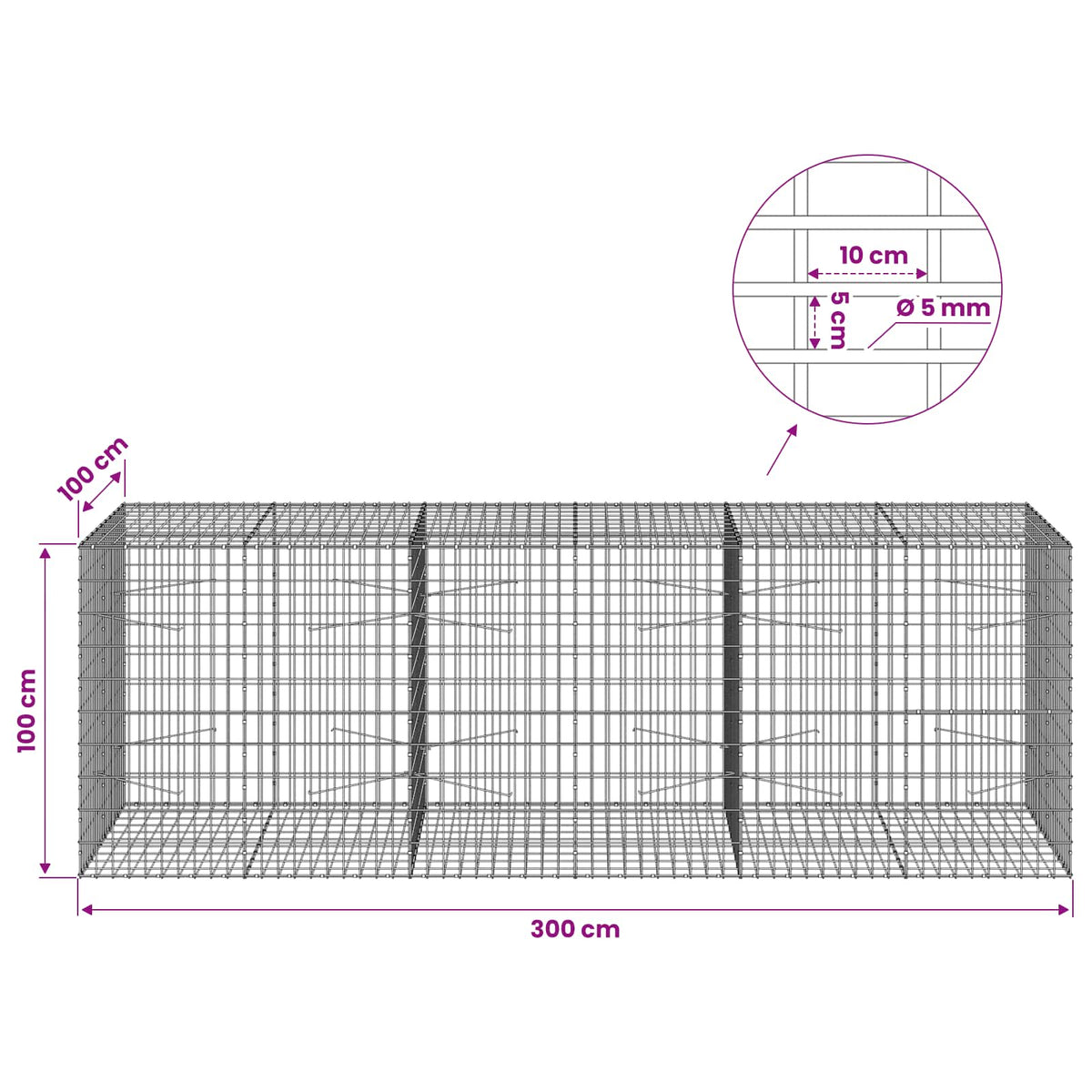 Gabion with 5 mm Wire and 5x10 cm Mesh 300x100x100 cm