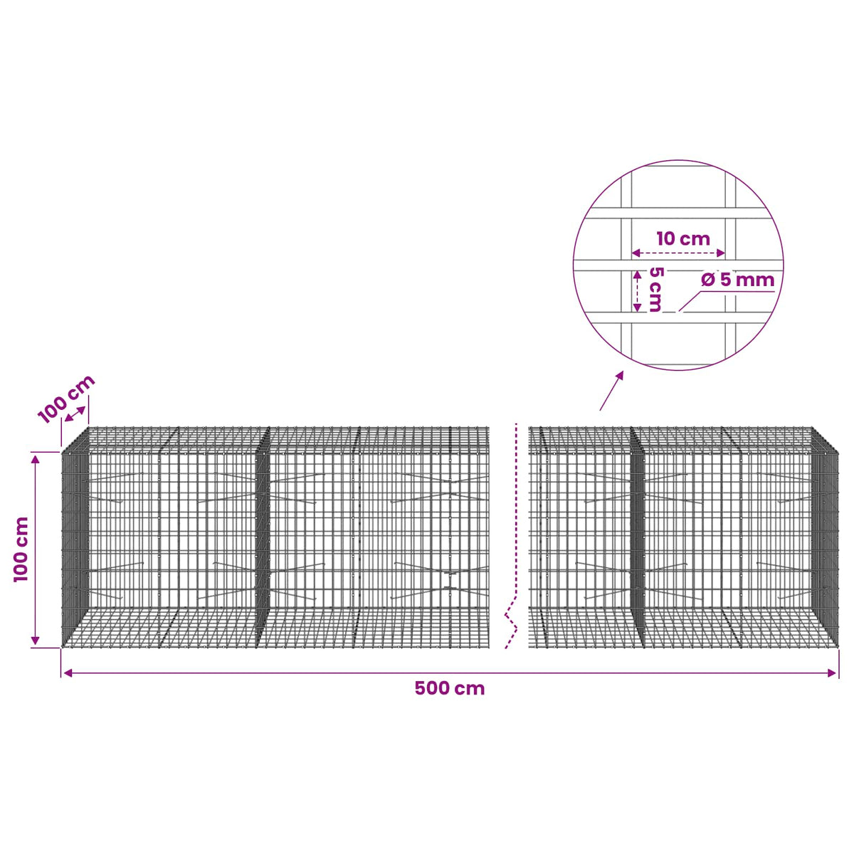 Gabion with 5 mm Wire and 5x10 cm Mesh 500x100x100 cm