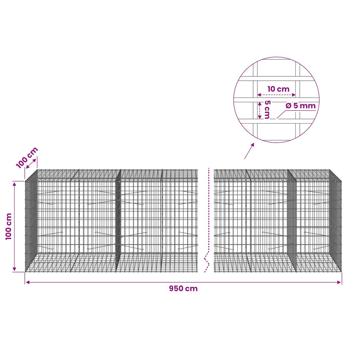 Gabion with 5 mm Wire and 5x10 cm Mesh 950x100x100 cm