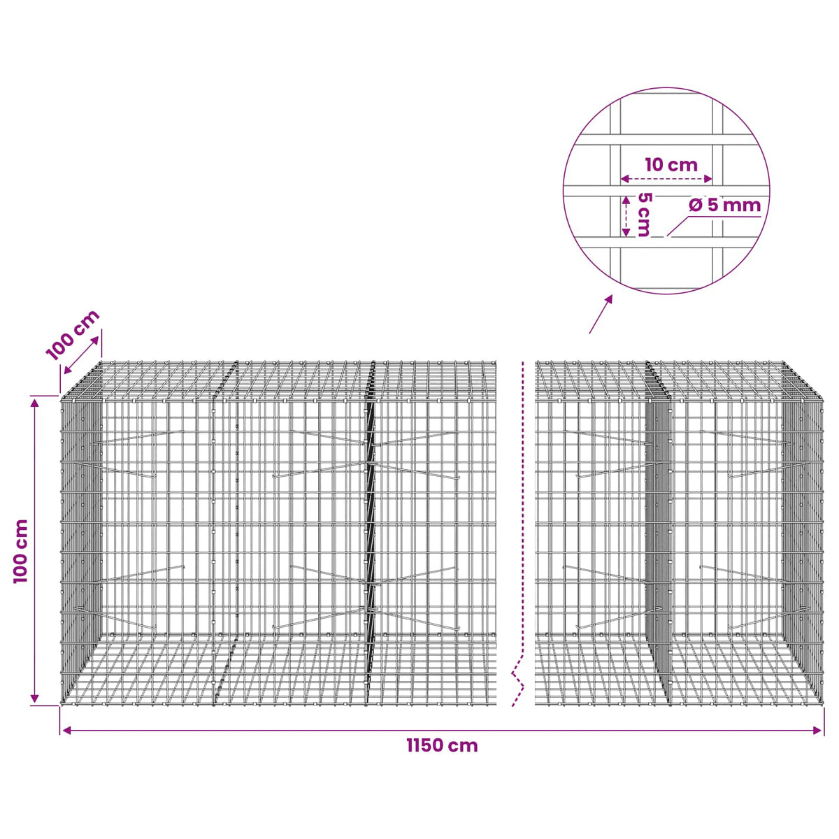 Gabion with 5 mm Wire and 5x10 cm Mesh 1150x100x100 cm