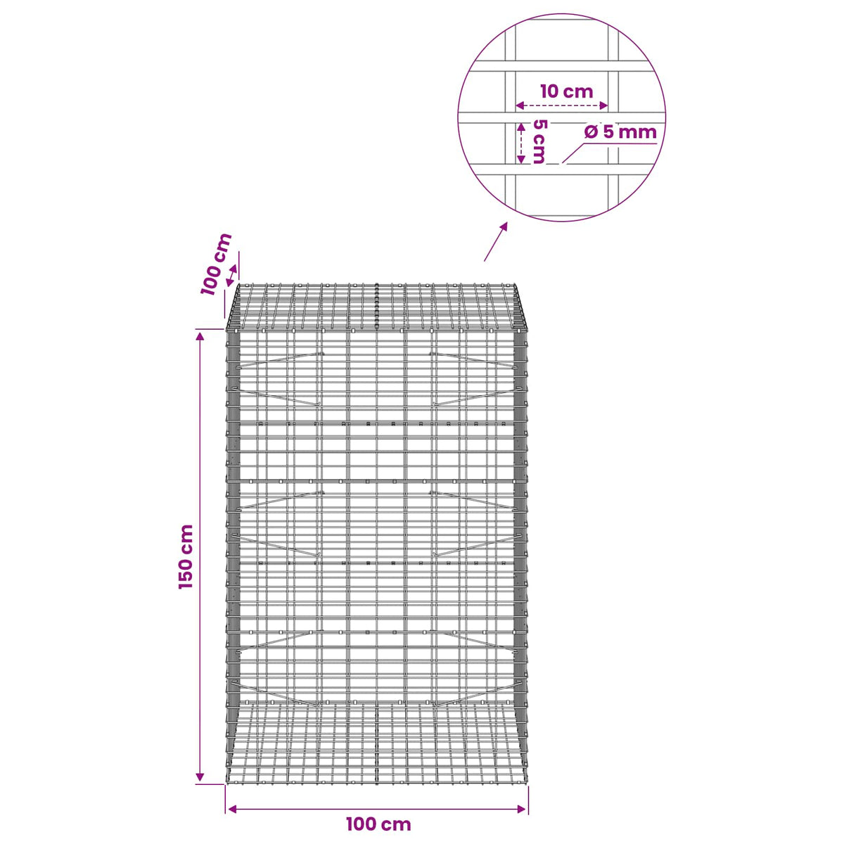 Gabion with 5 mm Wire and 5x10 cm Mesh 100x100x150 cm