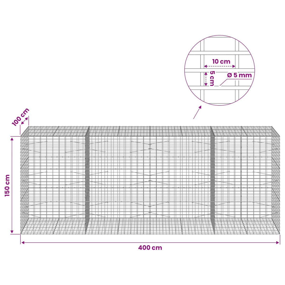 Gabion with 5 mm Wire and 5x10 cm Mesh 400x100x150 cm