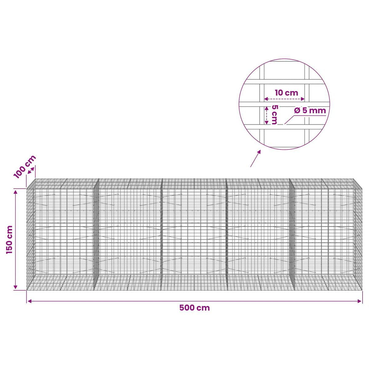 Gabion with 5 mm Wire and 5x10 cm Mesh 500x100x150 cm