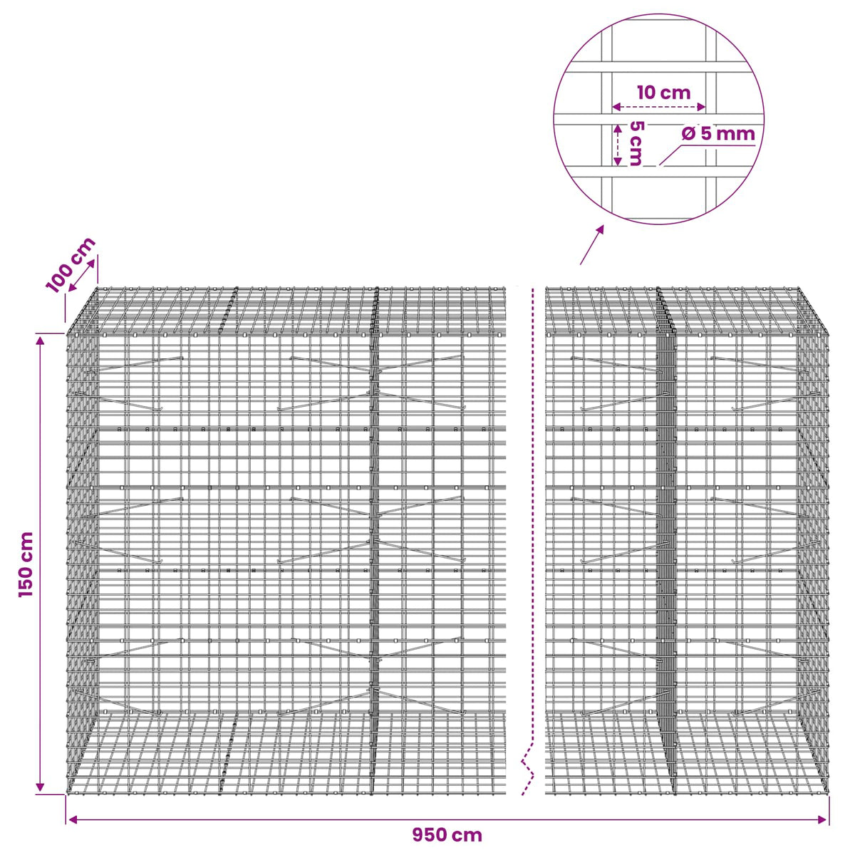 Gabion with 5 mm Wire and 5x10 cm Mesh 950x100x150 cm