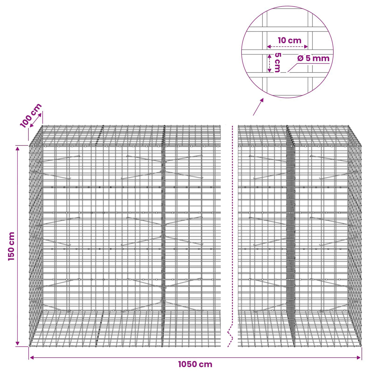 Gabion with 5 mm Wire and 5x10 cm Mesh 1050x100x150 cm