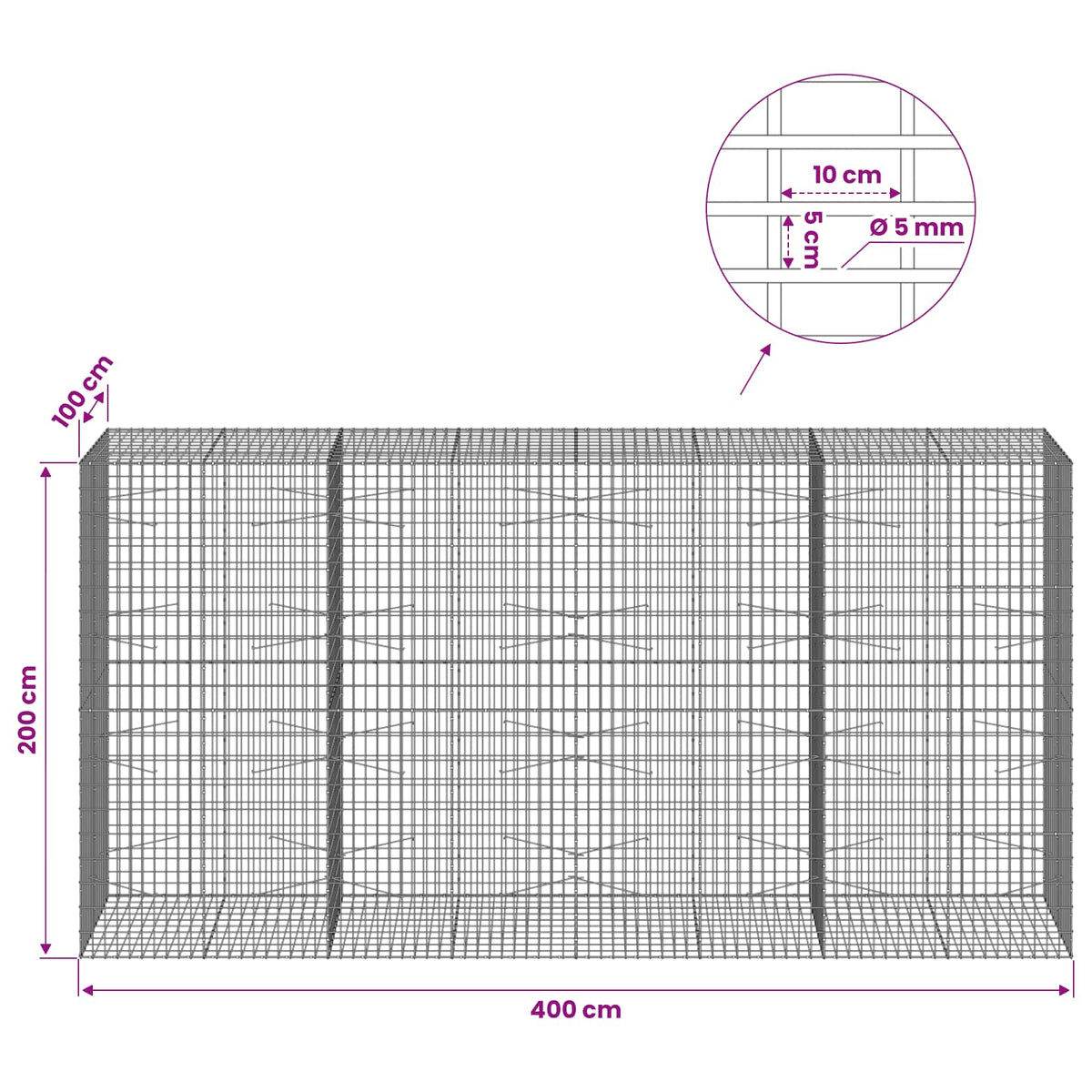 Gabion with 5 mm Wire and 5x10 cm Mesh 400x100x200 cm
