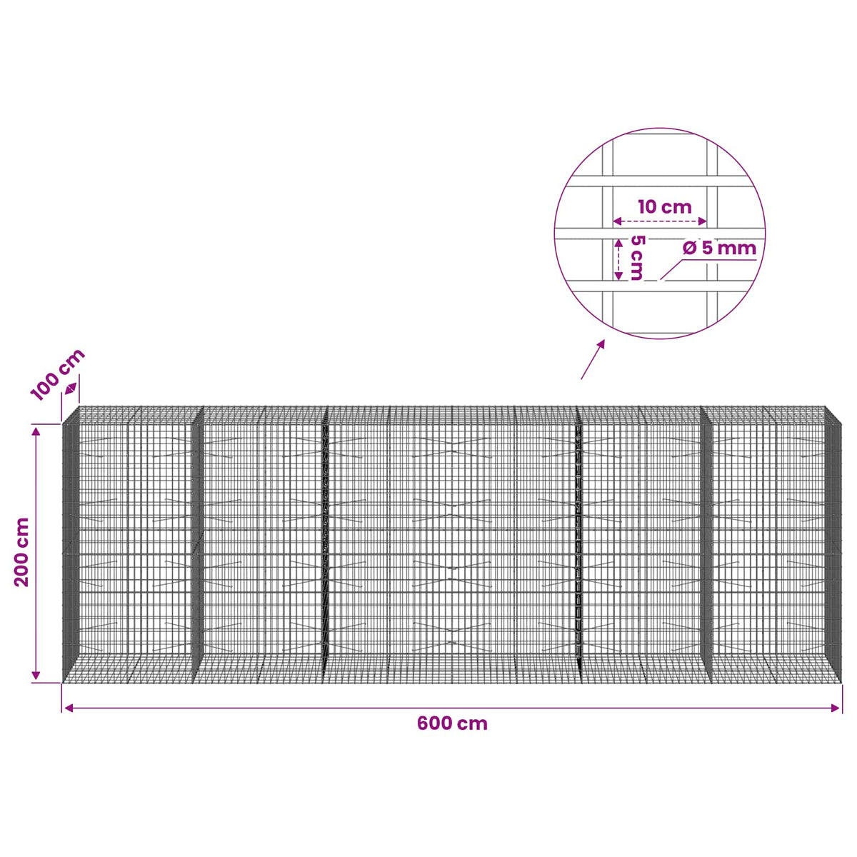 Gabion with 5 mm Wire and 5x10 cm Mesh 600x100x200 cm